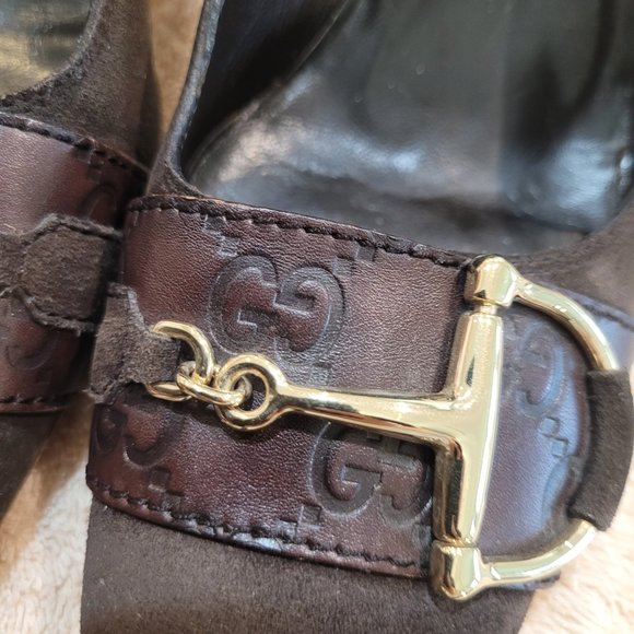 GUCCI GG MONOGRAM LEATHER & SUESE HEELED SHOES  BROWN FIT LIKE 8-8.5 - Picture 7 of 12